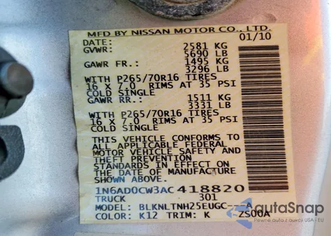 2010 Nissan Frontier King Cab Se z USA, uszkodzony, nr VIN 1N6AD0CW3AC418820